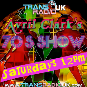 Alt Text: Picture shows a neon coloured disco globe with shadows of people dancing. The text is in 70s style writing and colours. Text says: Trans Radio UK Avril Clark's 70's Show Saturdays 12pm www.transradiouk.com