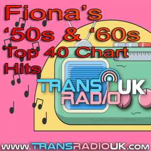 Cartoon picture in pink, yellow and green of an old fashion transister radio. Text says, Fiona's 50s and 60s Top0 Chart Hits