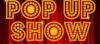 Picture shows closed theatre red velvet curtains. Text says Pop Up Show. Check our socials for show information