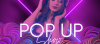 Picture is purple with a purple neon square light in the background. Picture shows a female with long dark hair, eyes closed, listening to music on headphones which she is holding to her head. Text says Pop Up Show. Check our socials for show information