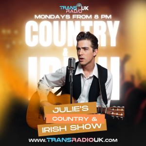 Yellow and brown background and a young man with a quiff in his hair playing an acoustic guitar and singing into a mic. Text says: Mondays from 8pm, Julie's country and Irish show