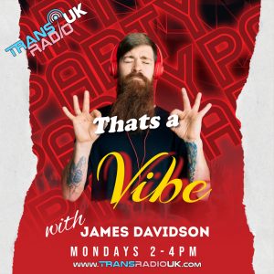 Red background and male in the middle, with his eyes closed wearing red headphones and each hand is doing the 'ok' sign. Text says Taht's A Vibe with James Davidson, Mondays 2-4pm