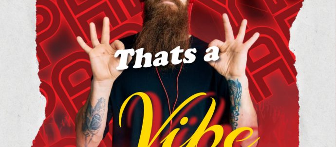 Red background and male in the middle, with his eyes closed wearing red headphones and each hand is doing the 'ok' sign. Text says Taht's A Vibe with James Davidson, Mondays 2-4pm