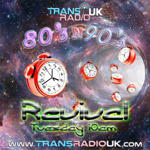 Picture show a colourful black hole in space sucking in old fashion red alarms clocks. Tesxt says: 80's and 90's Revival Tuesday 10am www.transradiouk.com