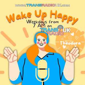 A cartoon picture of a person wearing a blue top with long orange hair sitting in front of a mic. Text says Wake Up Happy weekdays from 7am