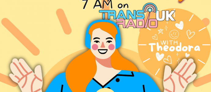 A cartoon picture of a person wearing a blue top with long orange hair sitting in front of a mic. Text says Wake Up Happy weekdays from 7am