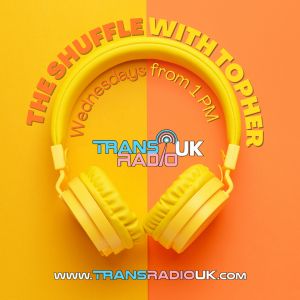 Picture of bright yellow headphones and the background split in half vertically, one half bright yellow and the other half bright orange. Text is in the same bright colours, The Shuffle With Topher