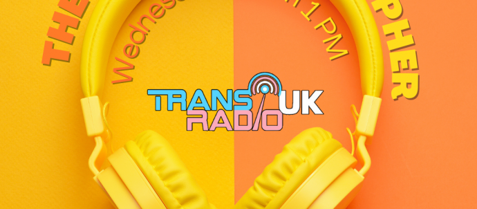 Picture of bright yellow headphones and the background split in half vertically, one half bright yellow and the other half bright orange. Text is in the same bright colours, The Shuffle With Topher
