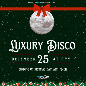 Black background with stars. Red Christmas ribbon with a bow in the middle holding a glitterball. At the bottom there are Christmas tree branches with red and white candy canes and candy wheels. Test says Luxury Disco, December 25th at 9pm. Ending Christmas Day with Neil