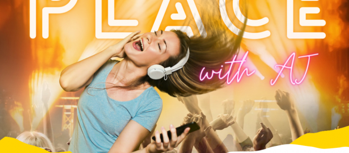 Background of oranges and yellows with a person in the middle wearing headphones rocking out. Text says: All over the place with AJ. Defiant Chaos. Thursdays from 11pm. www.transradiouk.com