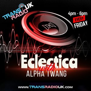 Background is black and dark red with a picture of a speaker. Text says 4-6pm Every Friday, Electica with Alpha Twang