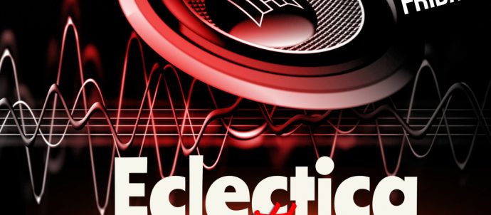 Background is black and dark red with a picture of a speaker. Text says 4-6pm Every Friday, Electica with Alpha Twang