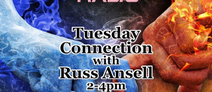 Picture is of two hands connected by holding fingers. One hand is blue (cold) and one hand is orange (hot). Text says Tuesday Connection with Russ Ansell 2-4pm