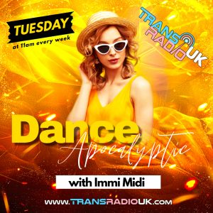 Picture has a yellow background with a woman in the middle wearing a yellow sleeveless top, blonde curly hair, straw hat and wearing white sunglasses. Text says Tuesday at 11am every week, Dance Apocalyptic with Immi Midi