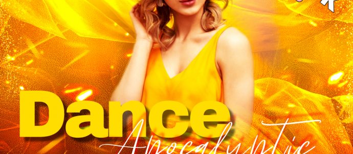 Picture has a yellow background with a woman in the middle wearing a yellow sleeveless top, blonde curly hair, straw hat and wearing white sunglasses. Text says Tuesday at 11am every week, Dance Apocalyptic with Immi Midi