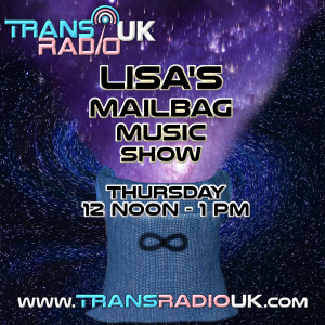 Background is a dark starry swirling sky and purple meteorites coming out of an infinity mailbag. Text says: Lisa's Mailbag Music Show Thursday 12 noon-1pm