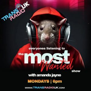 Picture is of a mouse wearing a red hoody with back headphones. Text says Everyone is listening to the Most Wanted show with Amanda Jayne Mondays 6pm