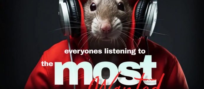 Picture is of a mouse wearing a red hoody with back headphones. Text says Everyone is listening to the Most Wanted show with Amanda Jayne Mondays 6pm