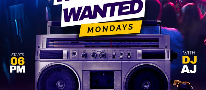 Background is of a dance club with people dancing in blue and pink lights and an old style portable large cassette radio player. Text says: Most Wanted, Mondays with DJ AJ, starts 6pm