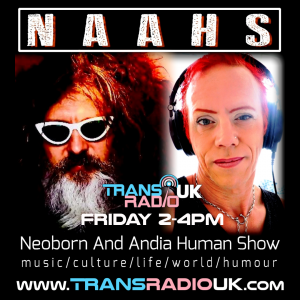 Picture show two people, to the left a bearded man with white sunglasses and to the right a woman with short bright red hair wearing headphones. Text says NAAHS Neoborn and Andia Human Show Friday 2-4pm