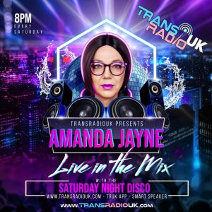 Background is pink and purple with cartoon picture of Amanda Jayne in the middle surrounded by speakers. Text Sat Amanda Jayne In The Mix, Saturday Night Disco 8-10pm