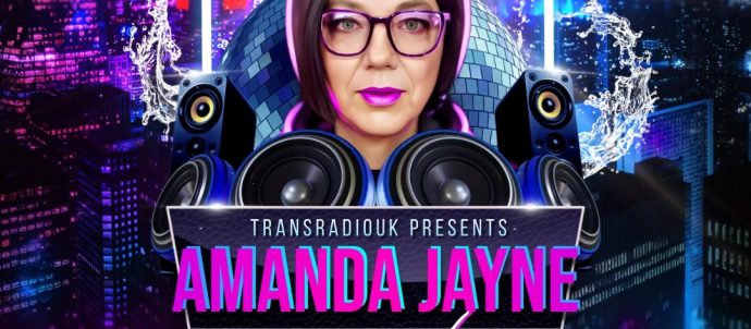 Background is pink and purple with cartoon picture of Amanda Jayne in the middle surrounded by speakers. Text Sat Amanda Jayne In The Mix, Saturday Night Disco 8-10pm