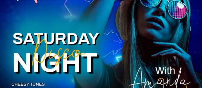 Background is neon blues with a close up of a young woman shaded in blue from the lights wearing reflective sunglasses. Text says Saturday Night Disco with Amanda Jayne 10pm-midnight