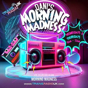 Picture is of a brightly coloured portable radio. Text says: Dani's Morning Madness Wedsnesdays and Thursdays 9-11am