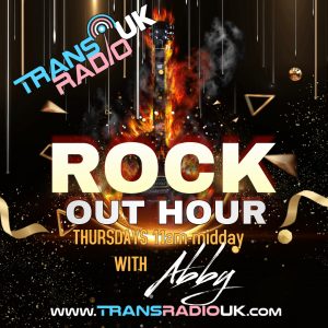 Picture is of an upright electric guitar on flames. Text says Rock Out Hour Thursdays 11am-midday with Abby