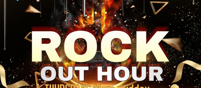 Picture is of an upright electric guitar on flames. Text says Rock Out Hour Thursdays 11am-midday with Abby