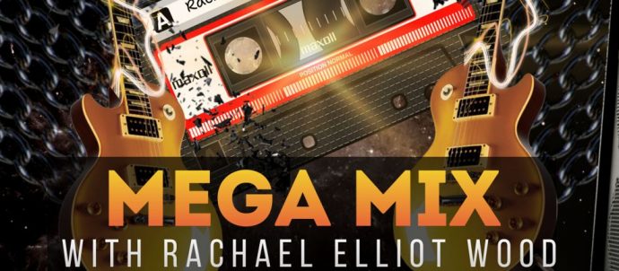 Picture is of an old music tape cassette with flames and a guitar eaxh side. Text says Rachael's Mega Mix Tape, Megan Mix withy Rachael Elliot Wood, Alt Rock & Indie hits from across the decades. Wednesdays 9-10am