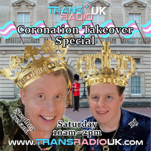 Picture of Stephen and DJ outside Buckingham Palace wearing crowns. Text says Coronations Takeover Special. Saturday 10am-2pm. Stephen Ireland and DJ from Pride in Surrey