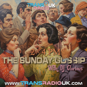 Picture is an AI generated group of retro people chatting among themselves. Text says, The Sunday Gossip with DJ Glorious 2-4pm