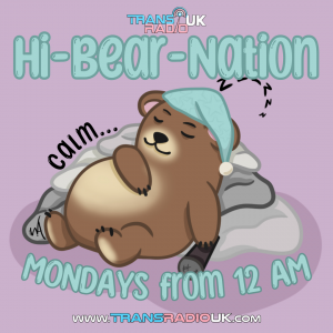 Picture is of a cartoon bear wearing a night hat laying back on a cloud cushion. Test says "Hi-Bear-Nation, Mondays from 12am"