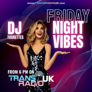 Picture has a Norther Lights background with pinks and purples and picture of a person smiling in the middle. Text says DJ Tourettes, Friday Night Vibes, Friday 6-7pm