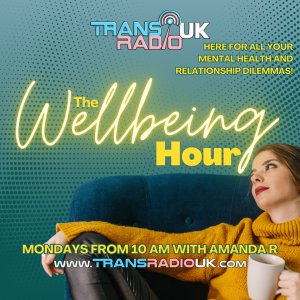 Picture is a person sitting relaxed in a chair holding a mug of hot drink. Text says The Wellbeing Hour